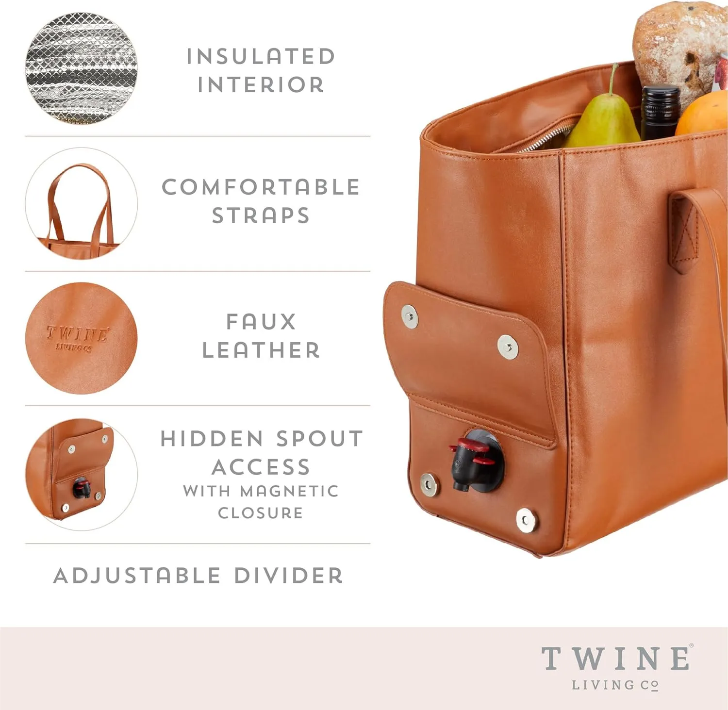 Twine Insulated Wine Cooler Bag, Faux Leather Tote with Insulated Liner, Shoulder Straps, Adjustable Divider, Silver Zipper, Tan, Set of 1
