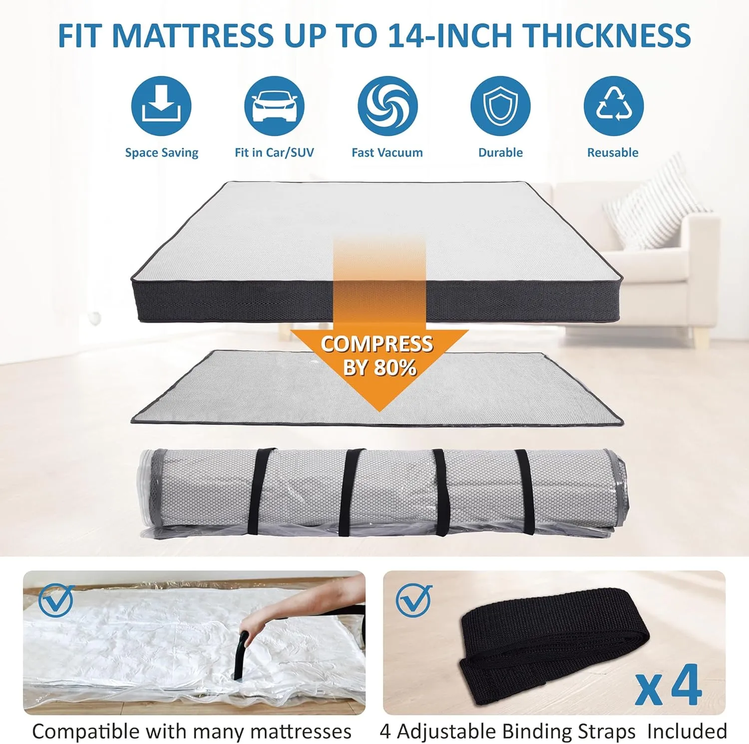 Twin/Twin XL Foam Mattress Vacuum Bag for Moving, Mattress Vacuum Seal Storage Bag with Straps