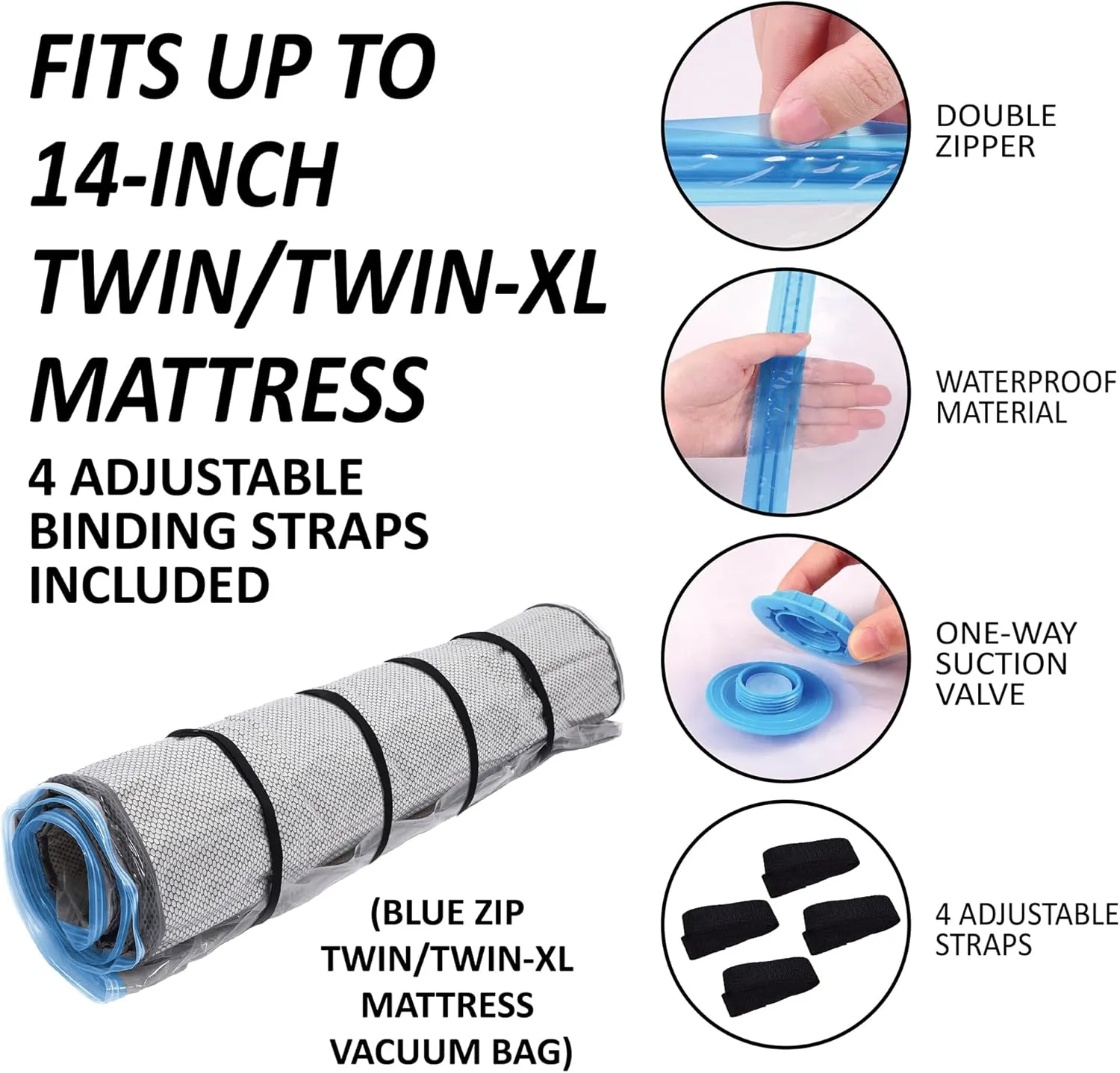 Twin/Twin-XL Foam Mattress Vacuum Bag with Blue Zipper, Vacuum Seal Mattress Bag, Straps Included