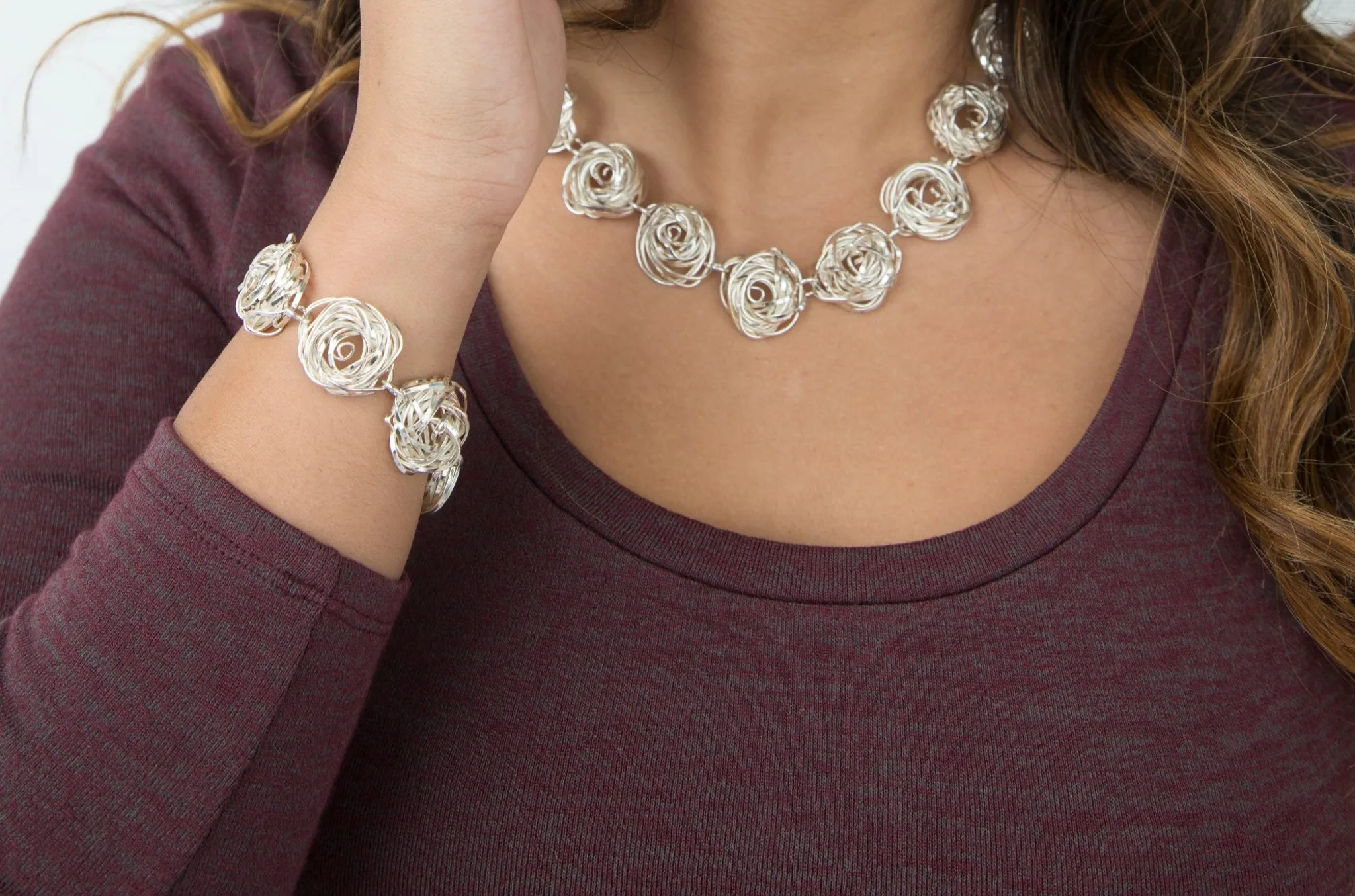 Twisted Sterling Silver Rose Set of Necklace, Bracelet and Earrings