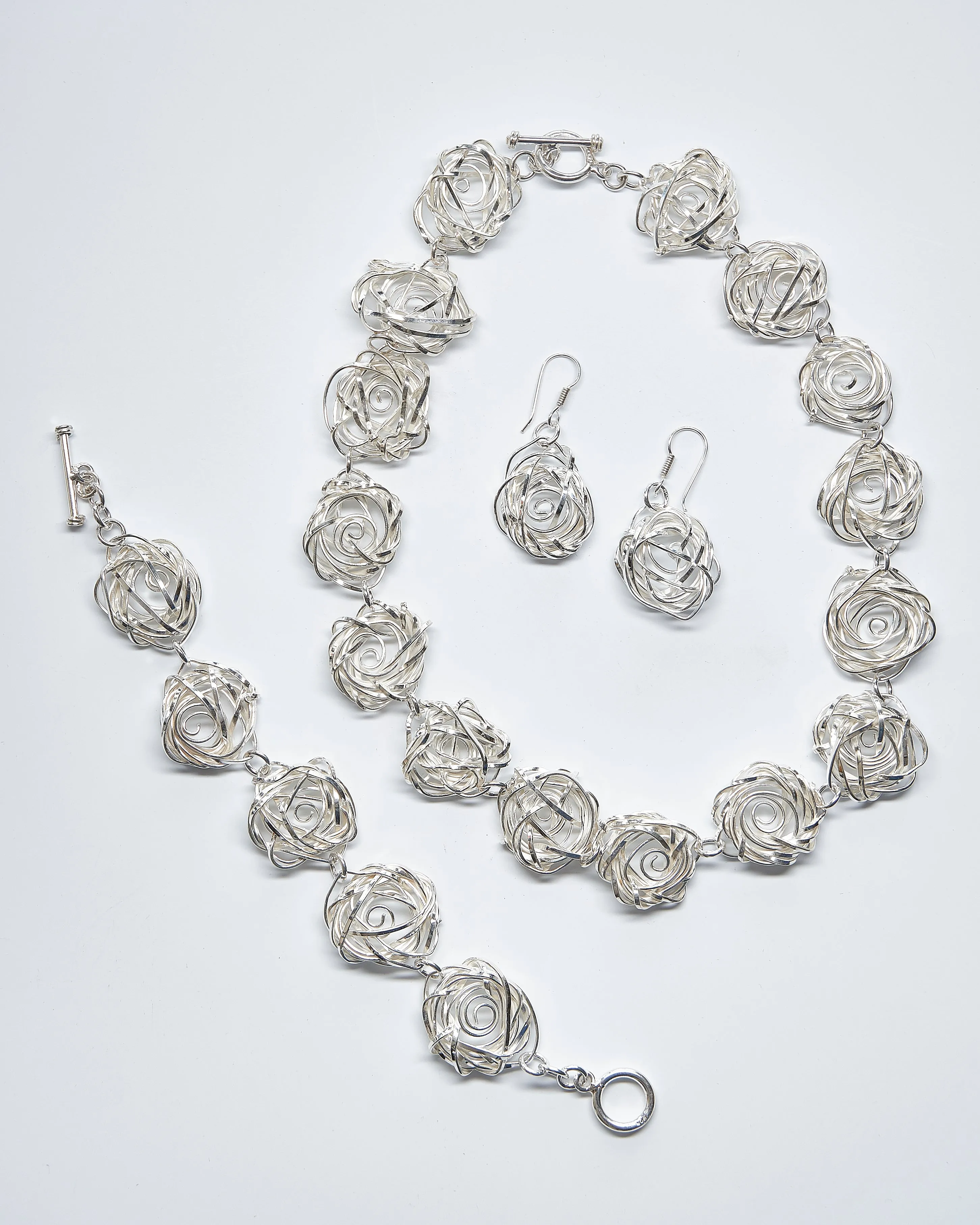 Twisted Sterling Silver Rose Set of Necklace, Bracelet and Earrings
