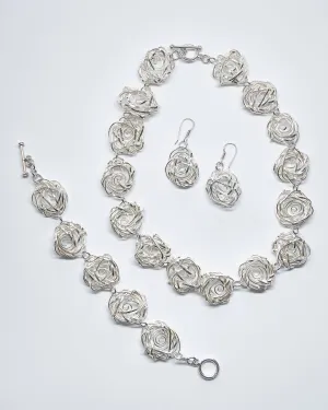 Twisted Sterling Silver Rose Set of Necklace, Bracelet and Earrings