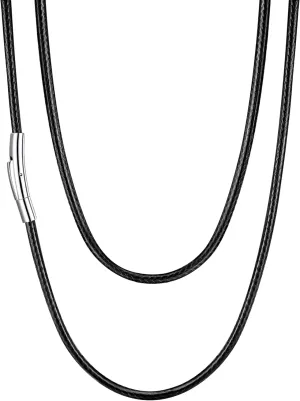 U7 2mm 3mm Black/Brown Leather Cord Necklace with Customizable Stainless Steel/Black Clasp, Men Women Woven Wax Rope Chain for Pendant,Length 16" 18" 20" 22" 24" 26" 28" 30"