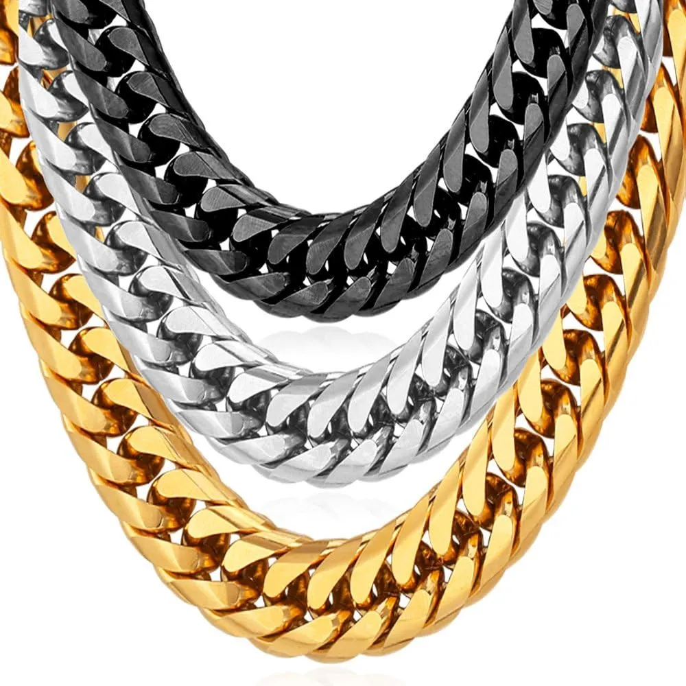 U7 Diamond Cut Miami Cuban Link Chain for Men Women Stainless Steel Curb Chain Necklace, Cool Hip Hop Jewelry Silver/Black/18K Gold Plated Chains, Width 3/6/9/12mm,18/20/22/24/26/28/30 Inch
