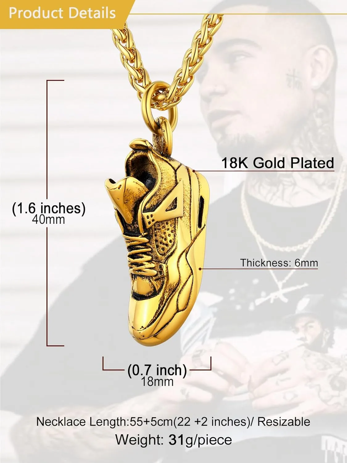 U7 Men Soccer/Football/Baseball Chain Stainless Steel 18K Gold Plated Cool Sport Pendant Running Shoe Necklaces, Baseball Cross Necklaces with 22 2" Chain Gift for Husband or Son…