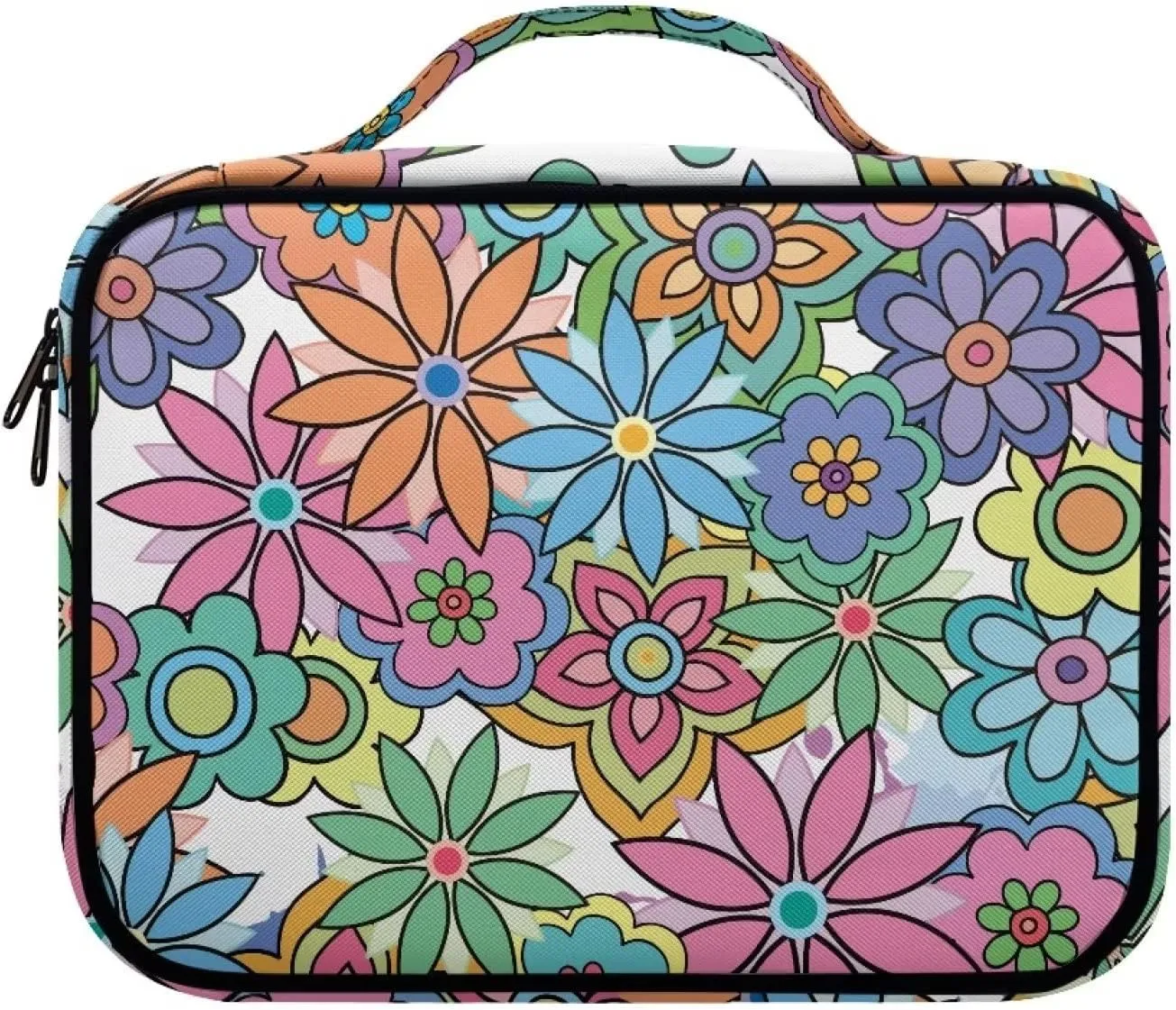 Uasibuni Colourful Flowers Beautiful Bible Cover for Women Handbag Tote Bag Scripture Carrying Case with Handle Pockets,Pen Slots,Holy Book Protector Pouch Church Bag Journaling Storage