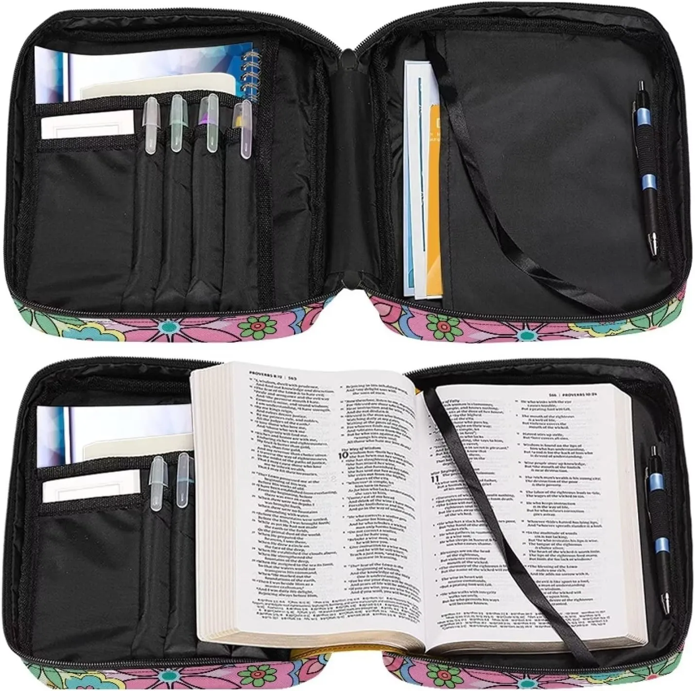 Uasibuni Colourful Flowers Beautiful Bible Cover for Women Handbag Tote Bag Scripture Carrying Case with Handle Pockets,Pen Slots,Holy Book Protector Pouch Church Bag Journaling Storage