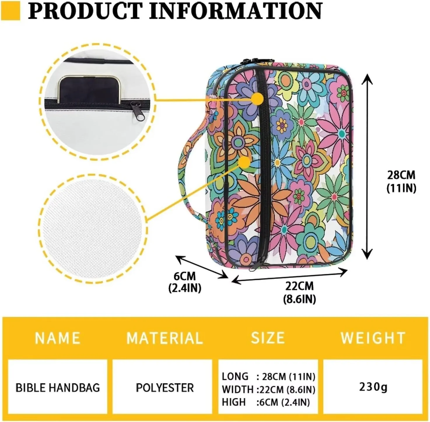 Uasibuni Colourful Flowers Beautiful Bible Cover for Women Handbag Tote Bag Scripture Carrying Case with Handle Pockets,Pen Slots,Holy Book Protector Pouch Church Bag Journaling Storage