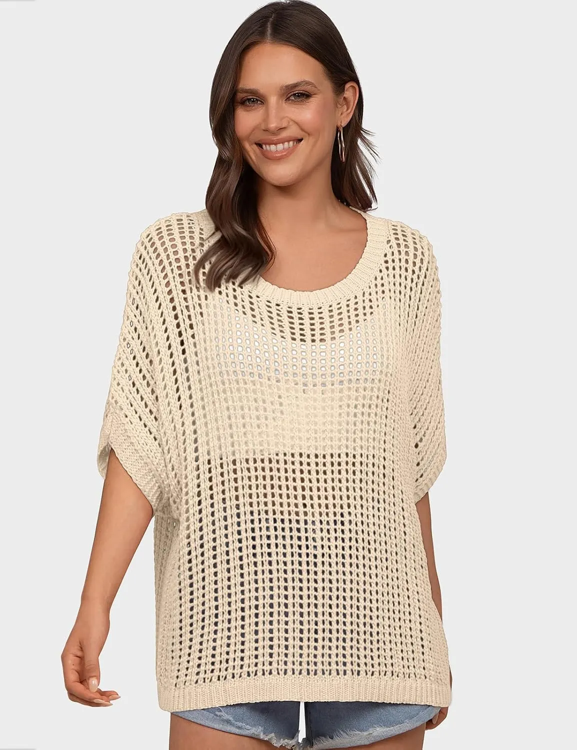 UEU Womens Summer Tops Crochet Short Sleeve Mesh Knit Sweater Shirts Beach Swimsuit Swim Cover Ups 2025 Trendy Outfits