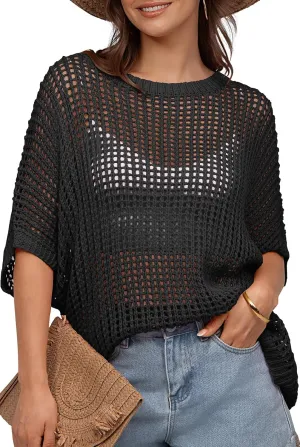 UEU Womens Summer Tops Crochet Short Sleeve Mesh Knit Sweater Shirts Beach Swimsuit Swim Cover Ups 2025 Trendy Outfits