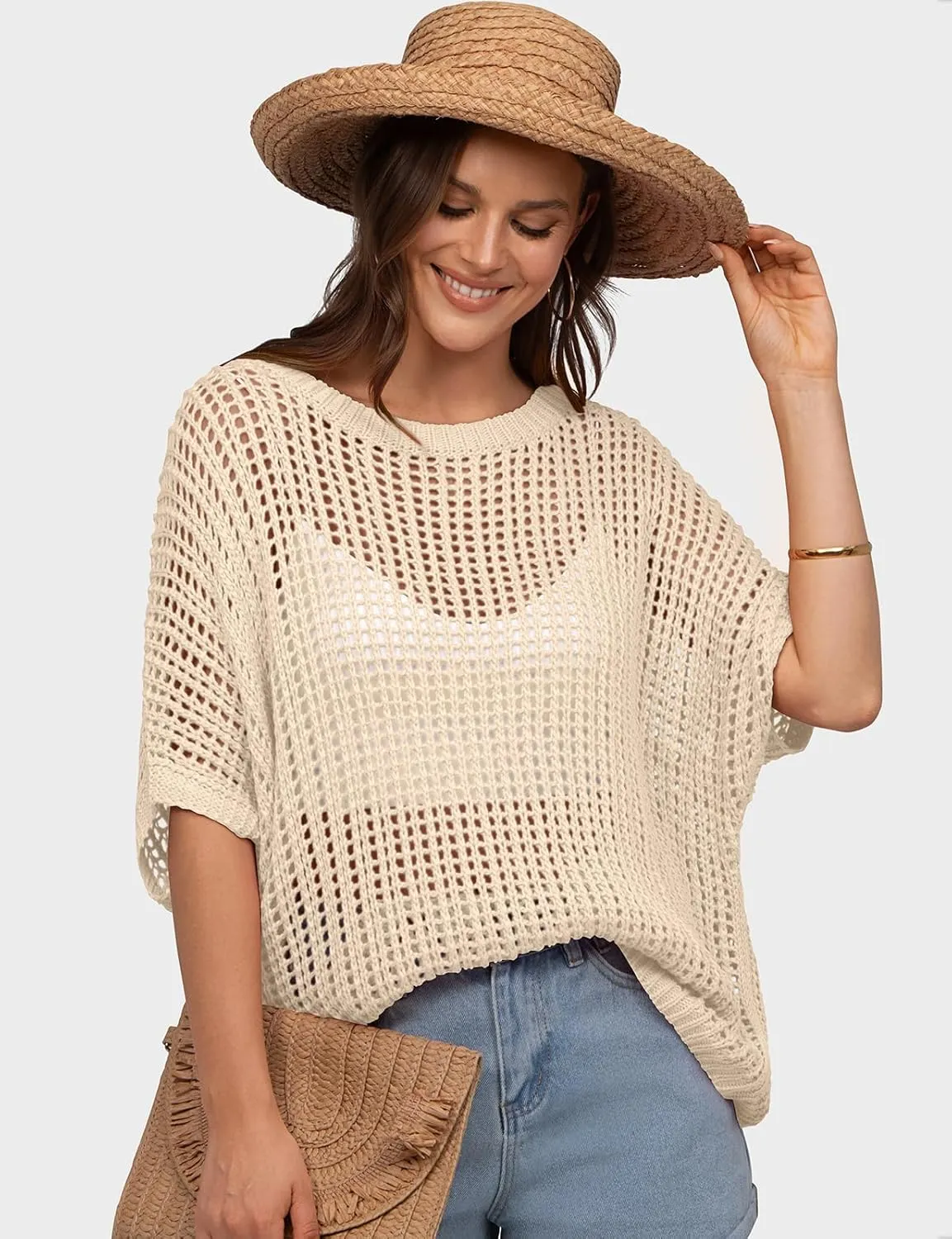 UEU Womens Summer Tops Crochet Short Sleeve Mesh Knit Sweater Shirts Beach Swimsuit Swim Cover Ups 2025 Trendy Outfits