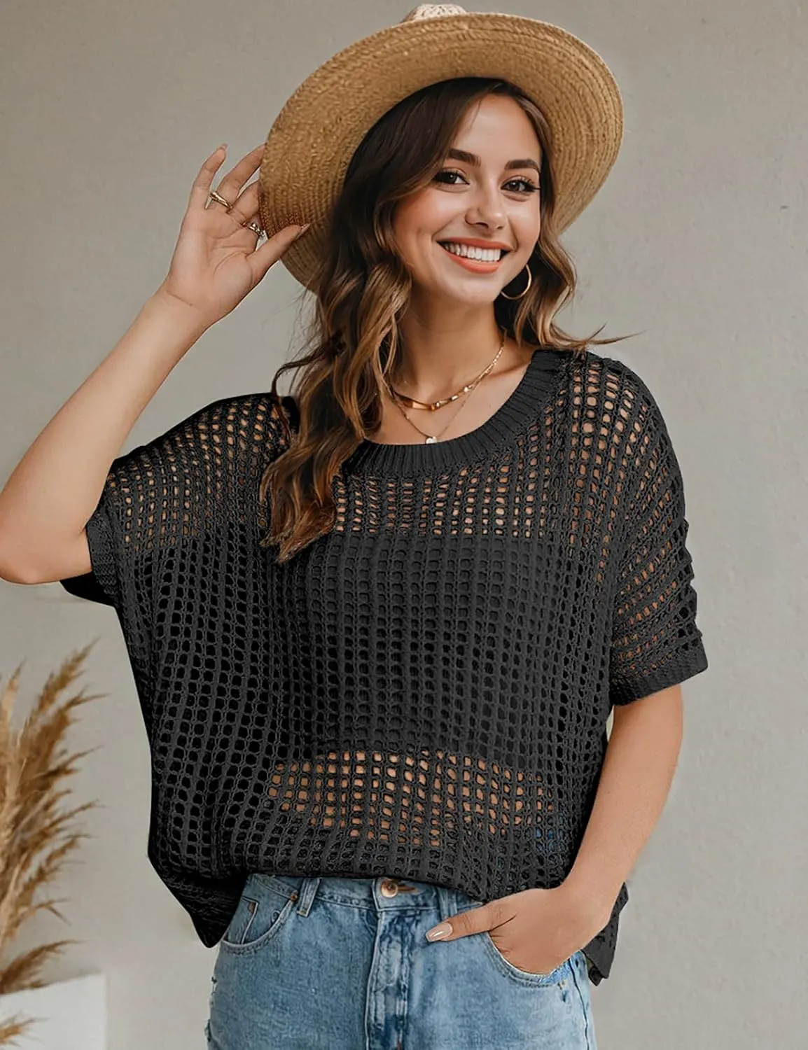 UEU Womens Summer Tops Crochet Short Sleeve Mesh Knit Sweater Shirts Beach Swimsuit Swim Cover Ups 2025 Trendy Outfits