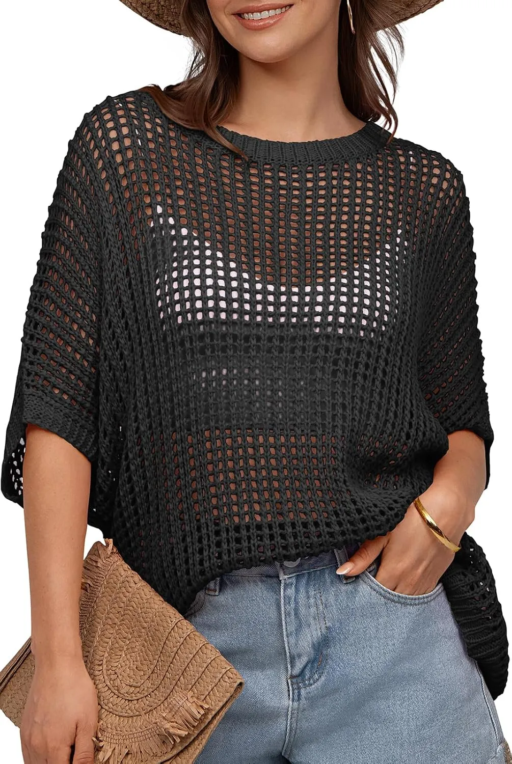 UEU Womens Summer Tops Crochet Short Sleeve Mesh Knit Sweater Shirts Beach Swimsuit Swim Cover Ups 2025 Trendy Outfits