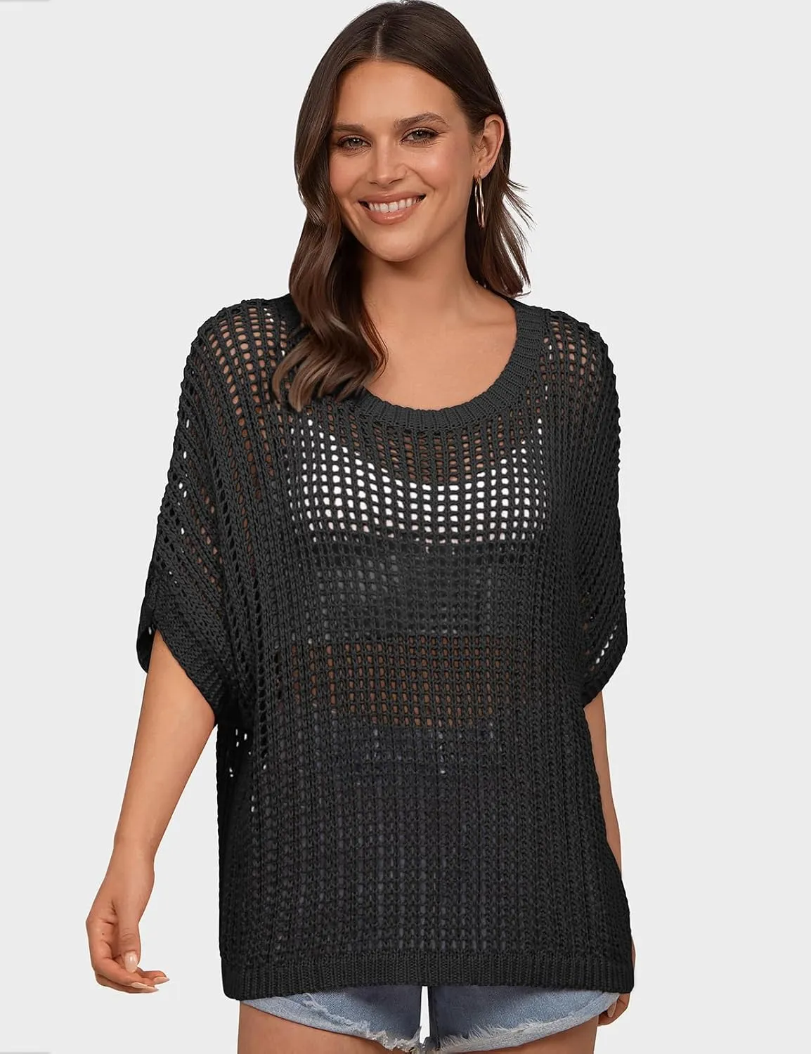 UEU Womens Summer Tops Crochet Short Sleeve Mesh Knit Sweater Shirts Beach Swimsuit Swim Cover Ups 2025 Trendy Outfits