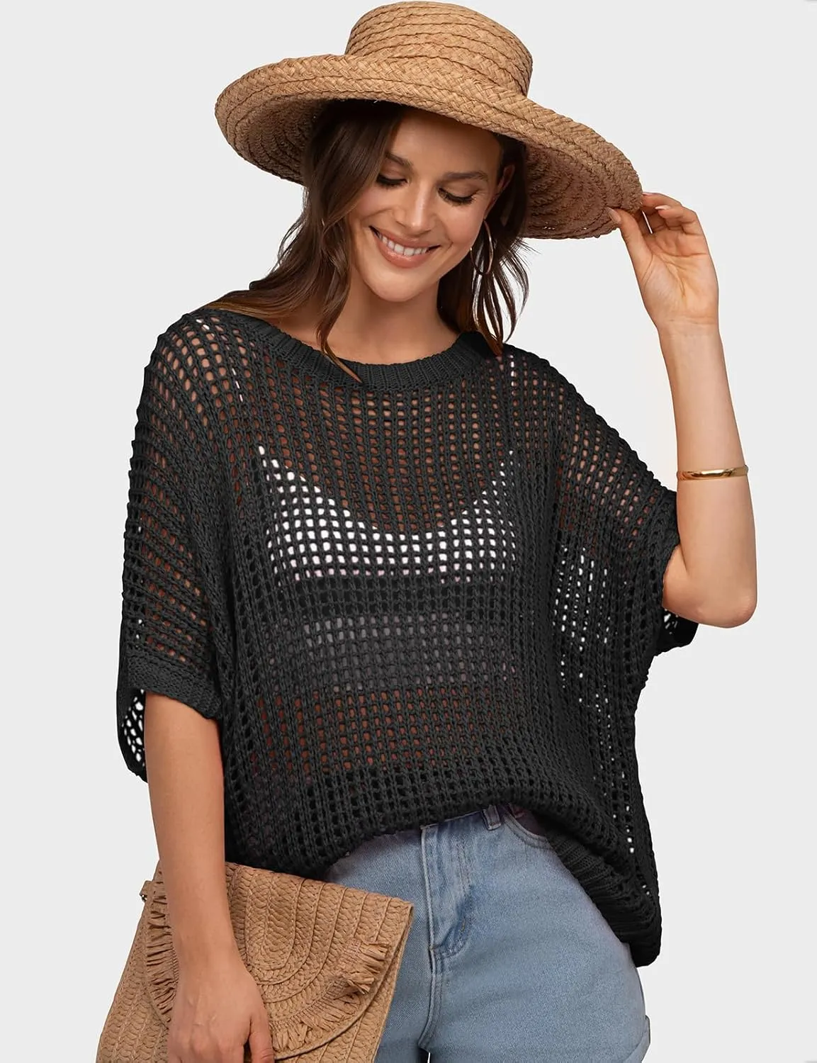 UEU Womens Summer Tops Crochet Short Sleeve Mesh Knit Sweater Shirts Beach Swimsuit Swim Cover Ups 2025 Trendy Outfits