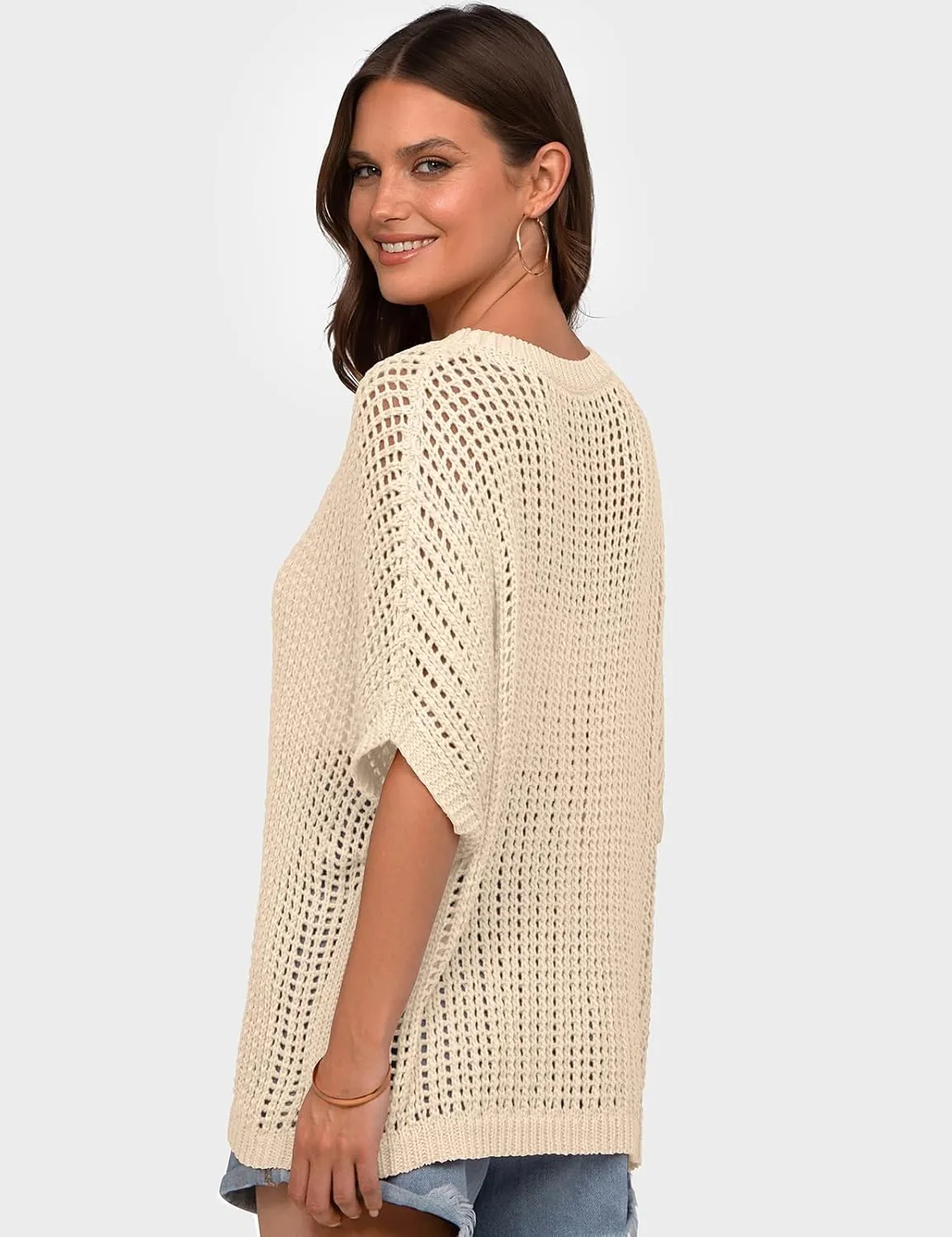 UEU Womens Summer Tops Crochet Short Sleeve Mesh Knit Sweater Shirts Beach Swimsuit Swim Cover Ups 2025 Trendy Outfits