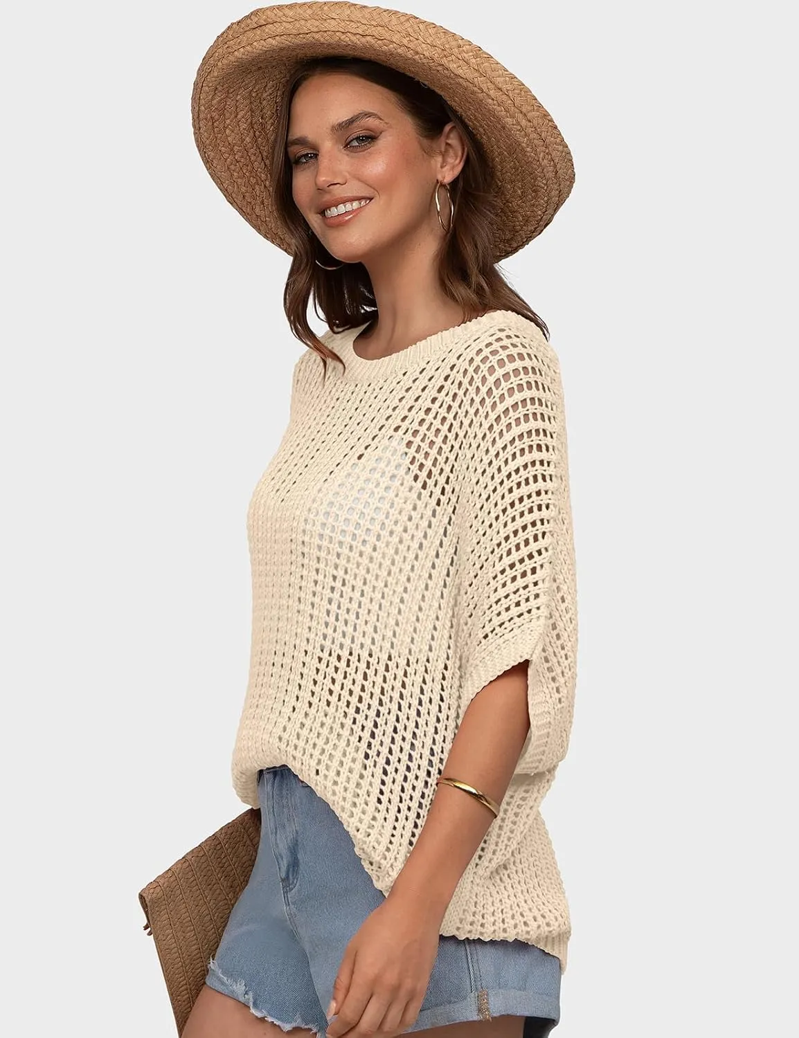 UEU Womens Summer Tops Crochet Short Sleeve Mesh Knit Sweater Shirts Beach Swimsuit Swim Cover Ups 2025 Trendy Outfits