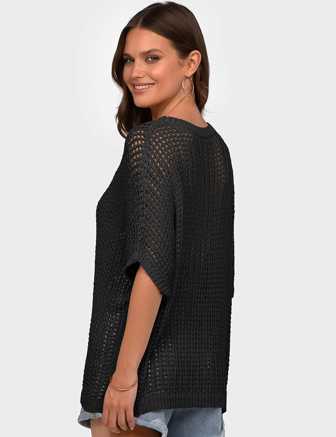 UEU Womens Summer Tops Crochet Short Sleeve Mesh Knit Sweater Shirts Beach Swimsuit Swim Cover Ups 2025 Trendy Outfits