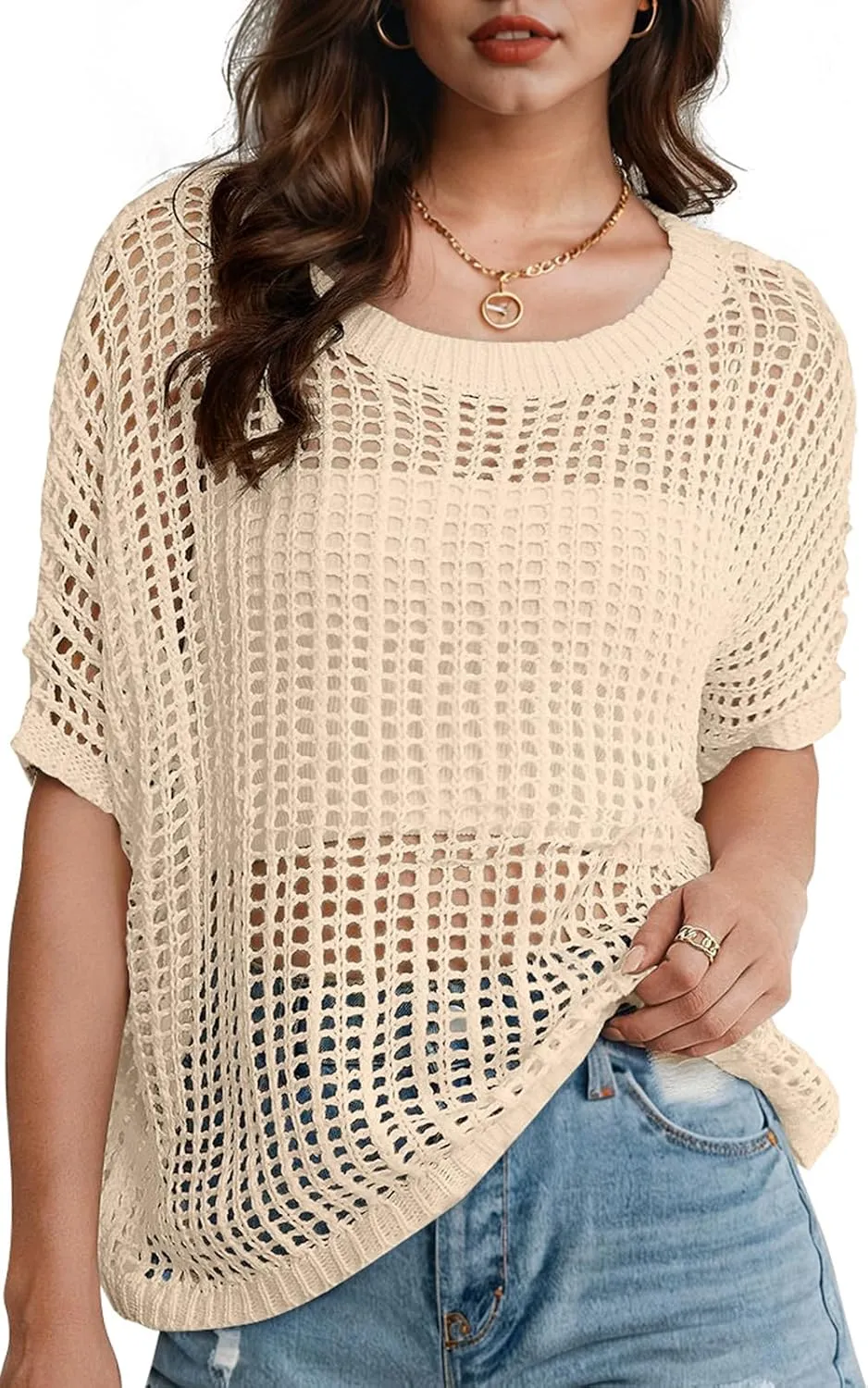 UEU Womens Summer Tops Crochet Short Sleeve Mesh Knit Sweater Shirts Beach Swimsuit Swim Cover Ups 2025 Trendy Outfits