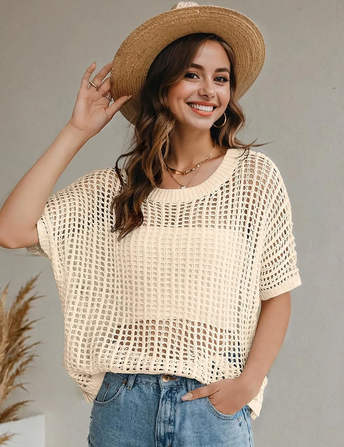 UEU Womens Summer Tops Crochet Short Sleeve Mesh Knit Sweater Shirts Beach Swimsuit Swim Cover Ups 2025 Trendy Outfits