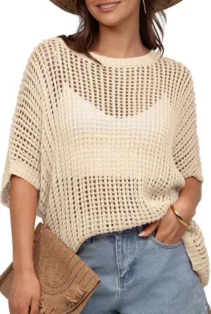 UEU Womens Summer Tops Crochet Short Sleeve Mesh Knit Sweater Shirts Beach Swimsuit Swim Cover Ups 2025 Trendy Outfits
