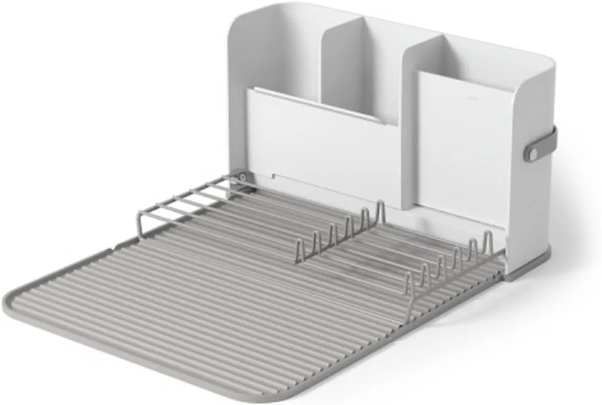 Umbra Compact Expandable Dish Drying Rack for Small Spaces, Utensil and Plate Holder, White/Grey