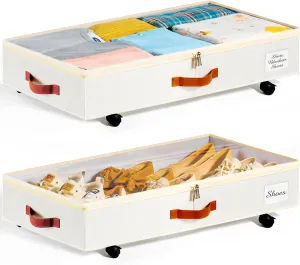 Under Bed Storage with Wheels Set of 2, Underbed Storage Container with Clear Lid Cover, 6.7 Inches Height Rolling Under Bed Drawer Storage Basket Bin Shoe Organizer for Cloth Sheet Sweater