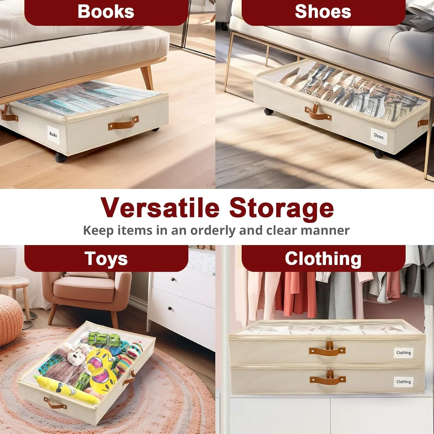 Under Bed Storage with Wheels Set of 2, Underbed Storage Container with Clear Lid Cover, 6.7 Inches Height Rolling Under Bed Drawer Storage Basket Bin Shoe Organizer for Cloth Sheet Sweater