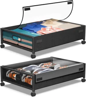 Under Bed Storage with Wheels,2 Pack Under Bed Storage Containers with Clear Lids,Under the bed storage Organizer Bins, Rolling Under Bed Metal Drawer for Clothes,Shoes,Books,Toys,Blankets