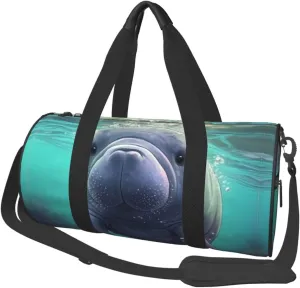 UNIOND Travel Duffle Bag Lightweight Sports Gym Bag for Men Women Foldable Carry on Weekender Overnight Bag Cute Sea Animal Manatee Canvas Sport Duffel Bag for Yoga Business Trip, Black