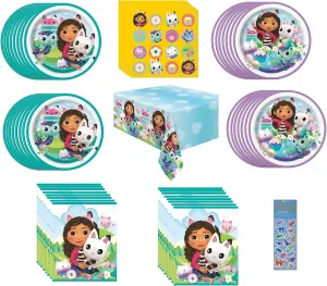 Unique Gabbys Dollhouse Birthday Party Supplies Bundle Pack includes 16 Dessert Cake Plates, 16 Lunch Plates, 16 Napkins, 1 Table Cover, 16 Loot Bags (Bundle for 16)