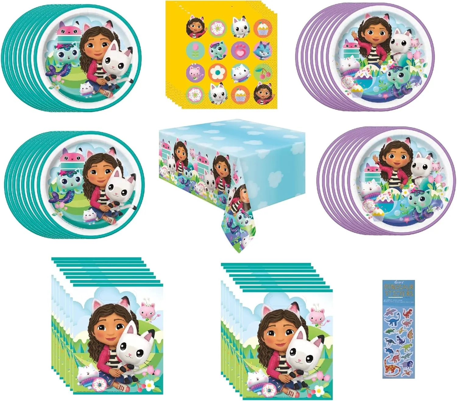 Unique Gabbys Dollhouse Birthday Party Supplies Bundle Pack includes 16 Dessert Cake Plates, 16 Lunch Plates, 16 Napkins, 1 Table Cover, 16 Loot Bags (Bundle for 16)