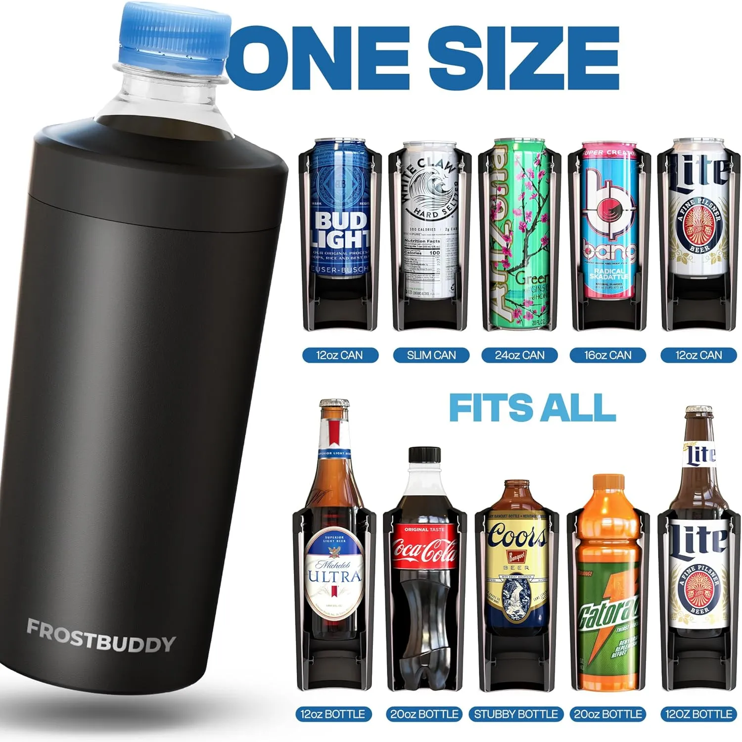 Universal Buddy XL Can Cooler by Frost Buddy - Fits 12-ounce, 16-ounce, 20-ounce, and 24-ounce Cans and Bottles - Keep Your Drinks Refreshingly Chilled for over 12 hours. (Gunmetal Glory)