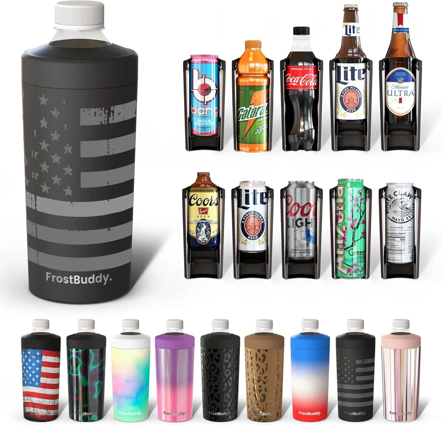 Universal Buddy XL Can Cooler by Frost Buddy - Fits 12-ounce, 16-ounce, 20-ounce, and 24-ounce Cans and Bottles - Keep Your Drinks Refreshingly Chilled for over 12 hours. (Gunmetal Glory)