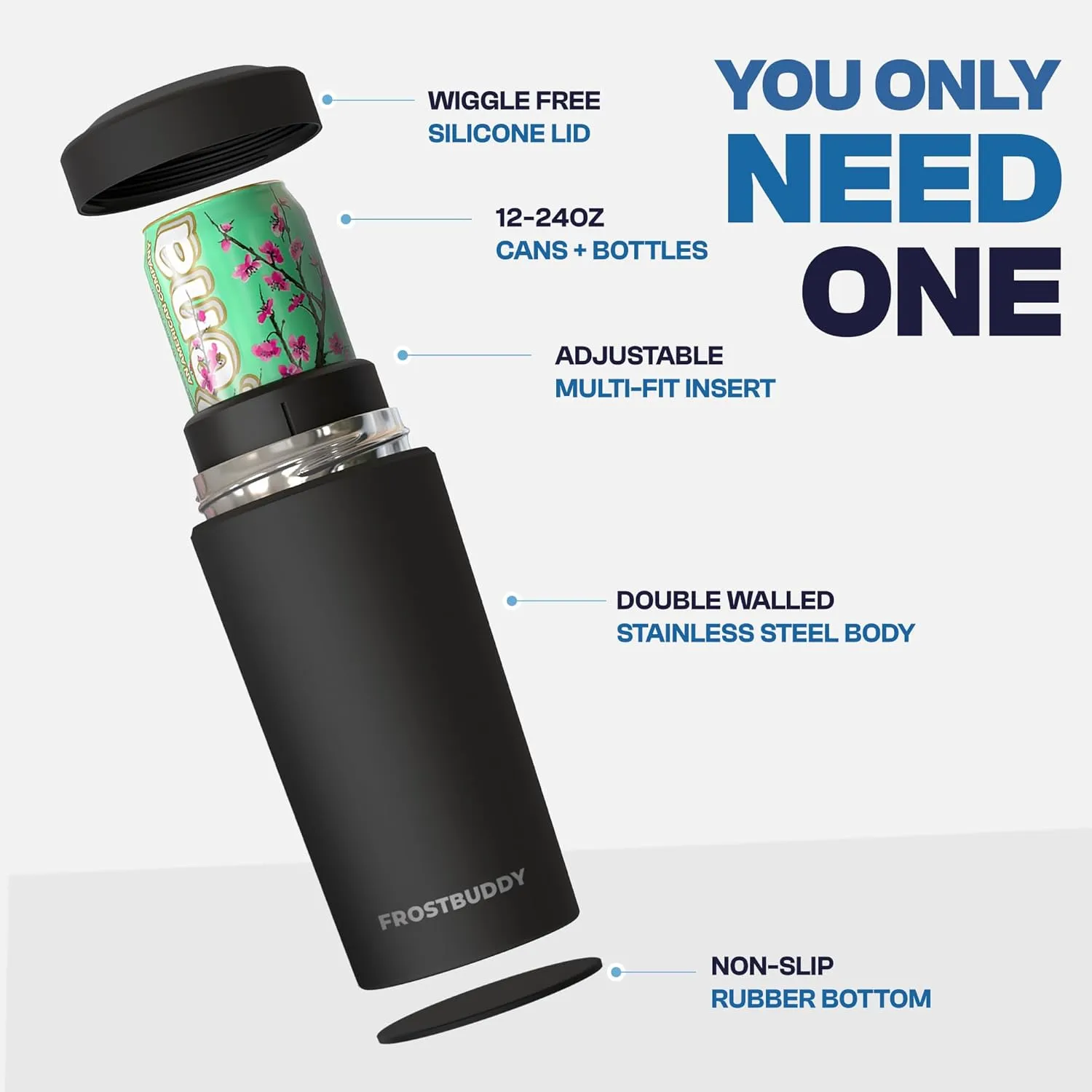 Universal Buddy XL Can Cooler by Frost Buddy - Fits 12-ounce, 16-ounce, 20-ounce, and 24-ounce Cans and Bottles - Keep Your Drinks Refreshingly Chilled for over 12 hours. (Gunmetal Glory)