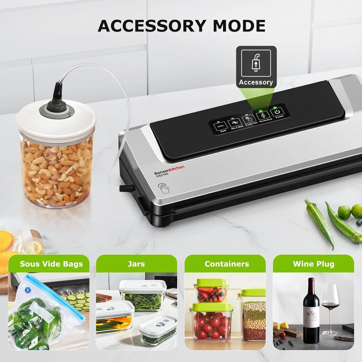 [Updated 2025] Bonsenkitchen Vacuum Sealer Machine   40 Vacuum Bags, Fast-Compact/Multi-Functional Food Vacuum Sealer with External Vacuum System, Silver