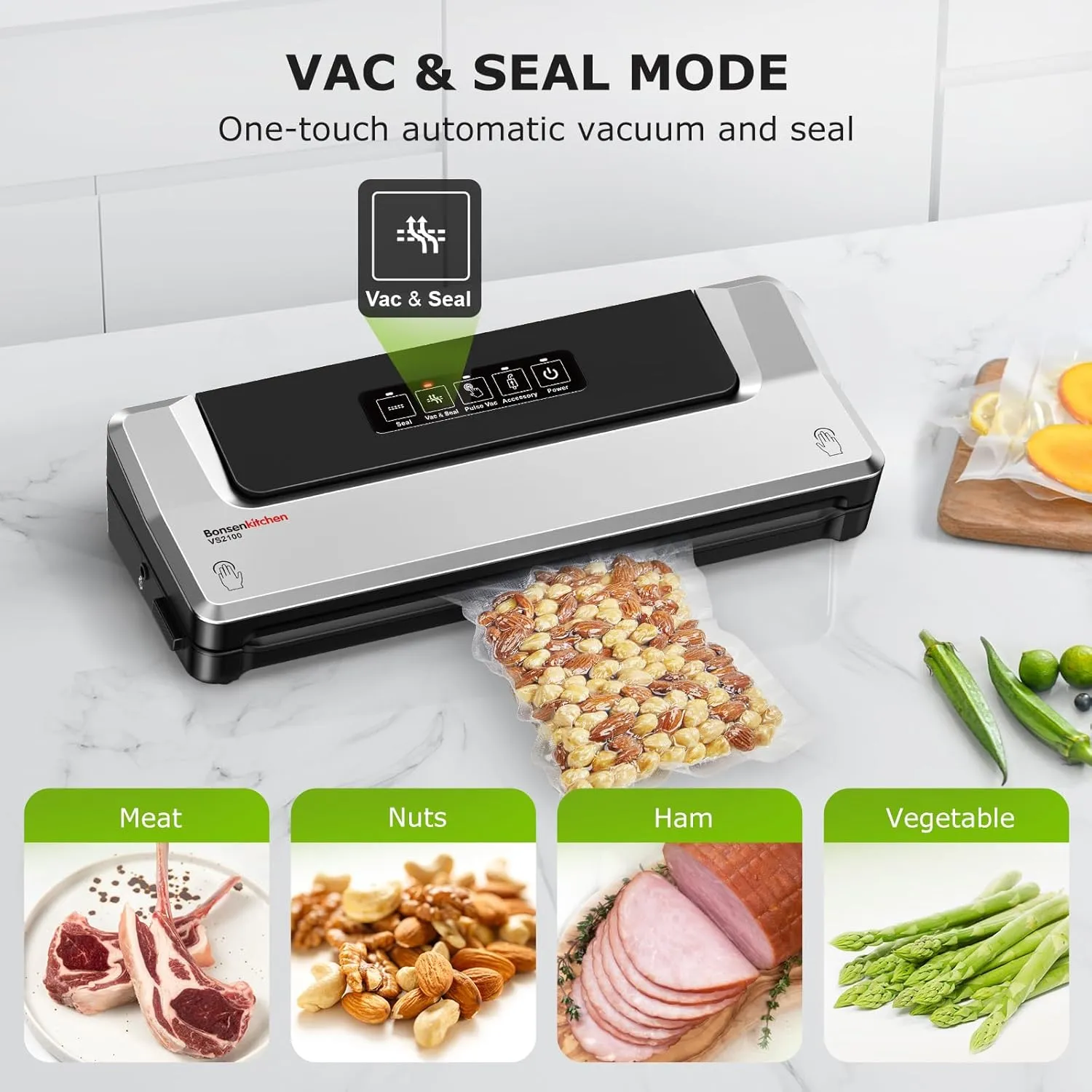 [Updated 2025] Bonsenkitchen Vacuum Sealer Machine   40 Vacuum Bags, Fast-Compact/Multi-Functional Food Vacuum Sealer with External Vacuum System, Silver