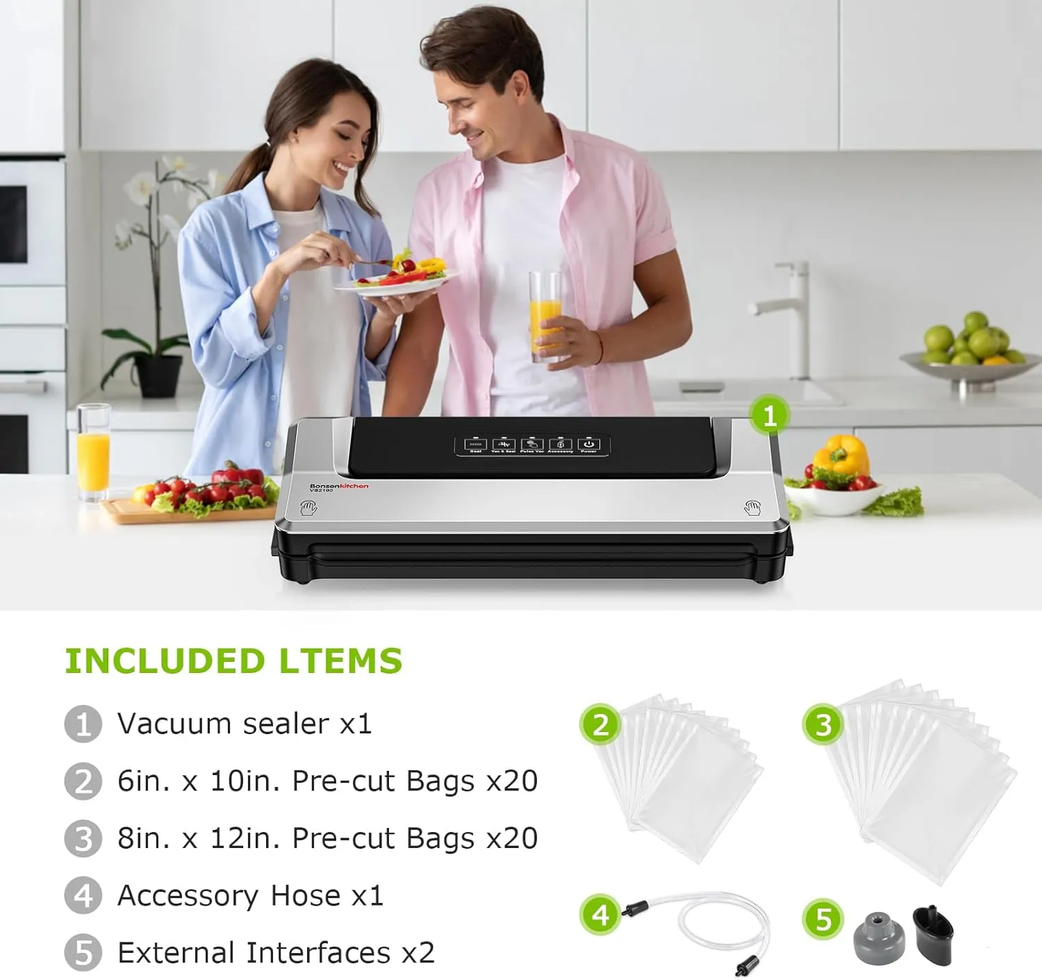 [Updated 2025] Bonsenkitchen Vacuum Sealer Machine   40 Vacuum Bags, Fast-Compact/Multi-Functional Food Vacuum Sealer with External Vacuum System, Silver