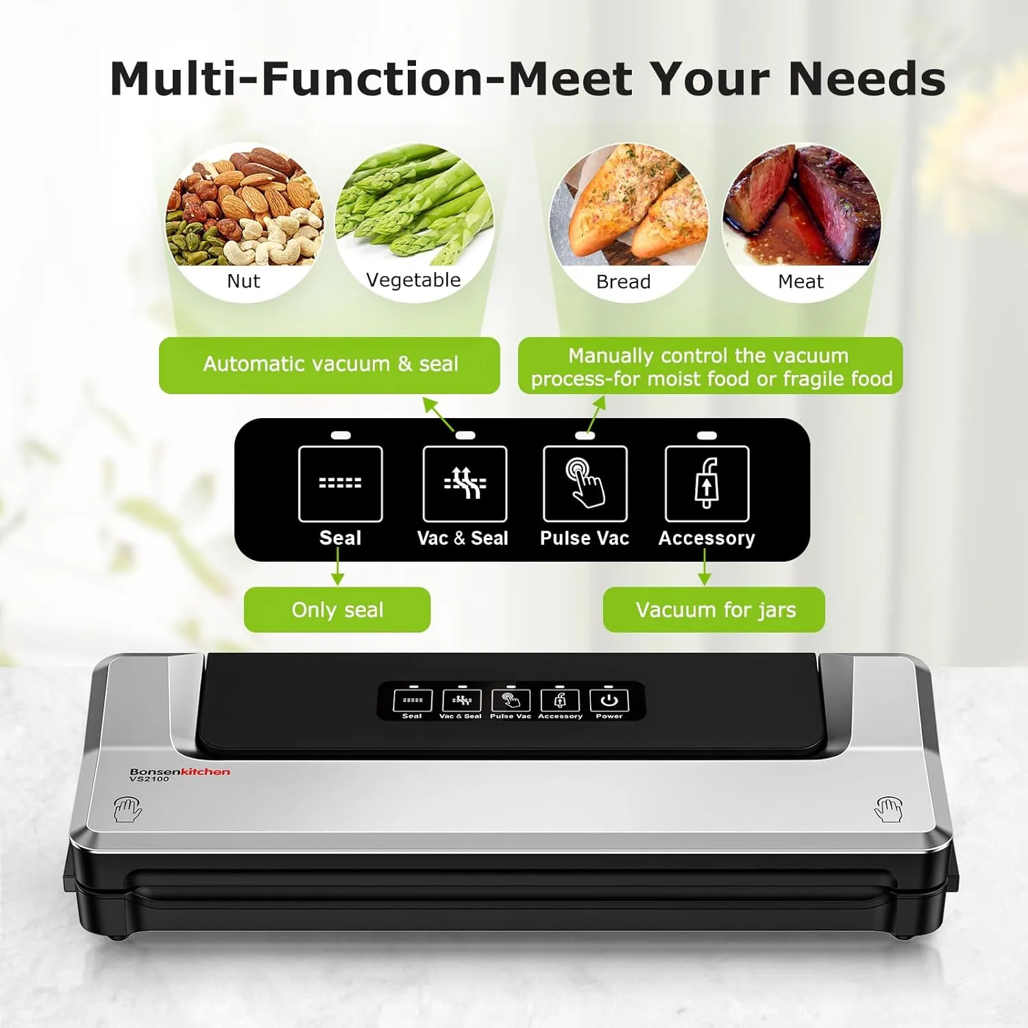 [Updated 2025] Bonsenkitchen Vacuum Sealer Machine   40 Vacuum Bags, Fast-Compact/Multi-Functional Food Vacuum Sealer with External Vacuum System, Silver