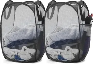 Upgraded 105L Collapsible Mesh Pop Up Laundry Hamper with Sturdy Handles and Side Pocket - Portable Foldable Clothes Baskets for Dorm, Bathroom & Travel Storage (Black Plus，2 Packs)