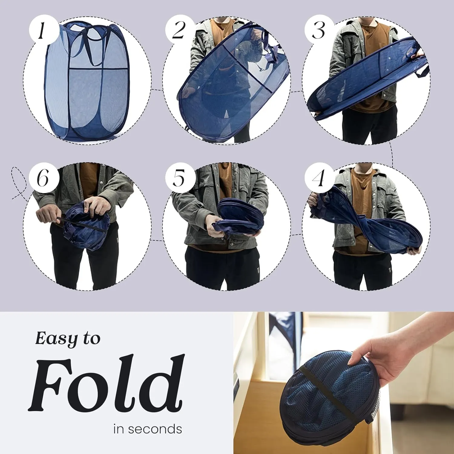 Upgraded 105L Collapsible Mesh Pop Up Laundry Hamper with Sturdy Handles and Side Pocket - Portable Foldable Clothes Baskets for Dorm, Bathroom & Travel Storage (Black Plus，2 Packs)