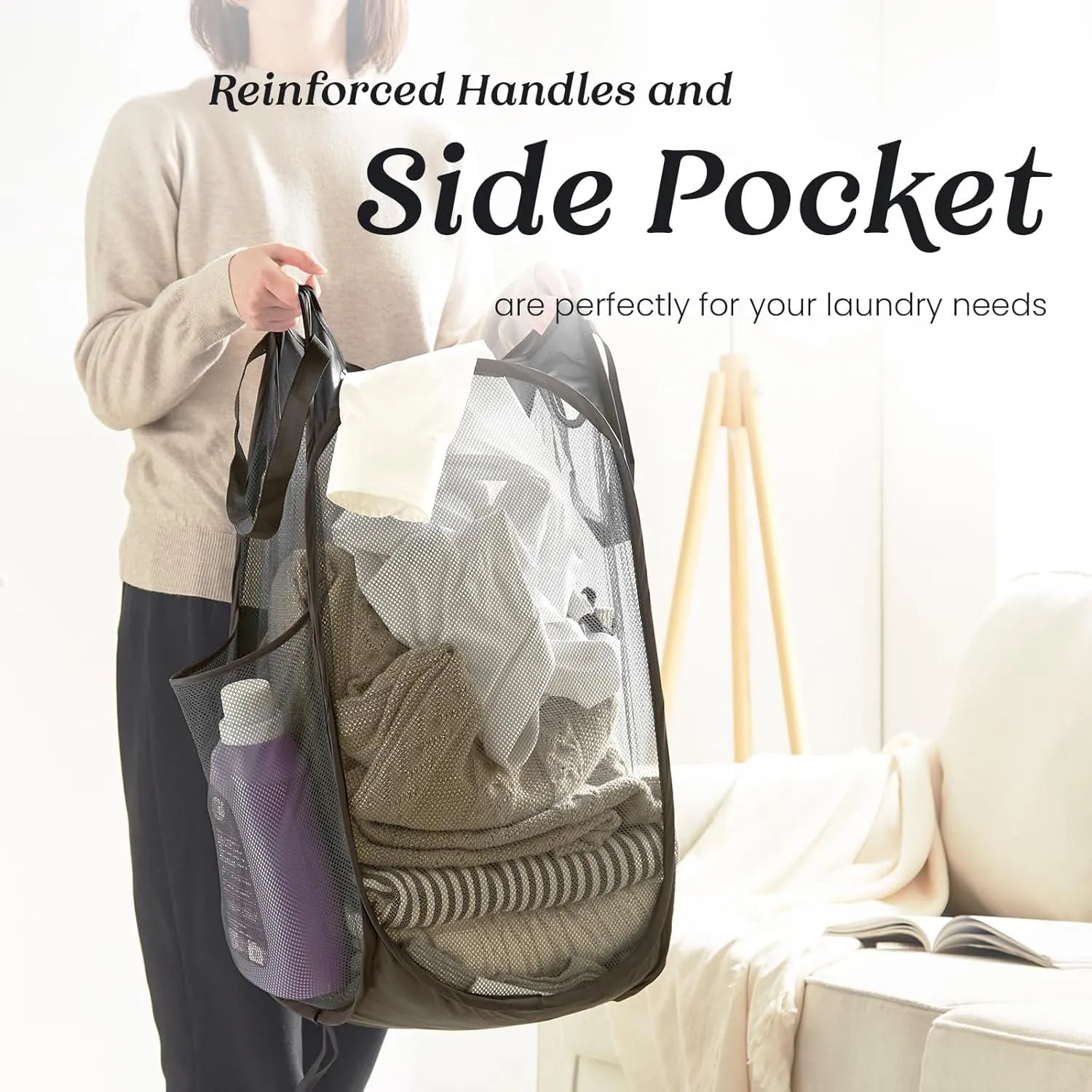 Upgraded 105L Collapsible Mesh Pop Up Laundry Hamper with Sturdy Handles and Side Pocket - Portable Foldable Clothes Baskets for Dorm, Bathroom & Travel Storage (Black Plus，2 Packs)