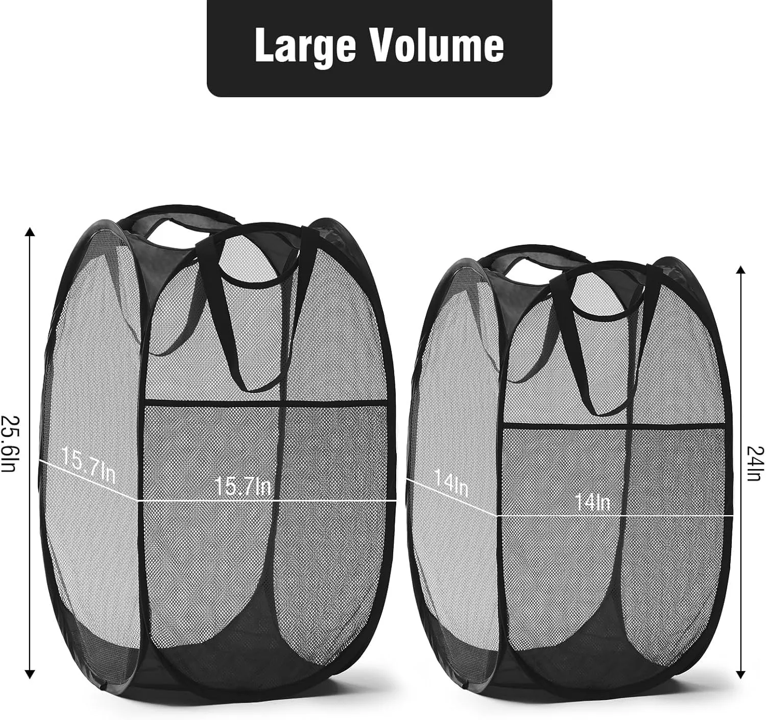 Upgraded 105L Collapsible Mesh Pop Up Laundry Hamper with Sturdy Handles and Side Pocket - Portable Foldable Clothes Baskets for Dorm, Bathroom & Travel Storage (Black Plus，2 Packs)