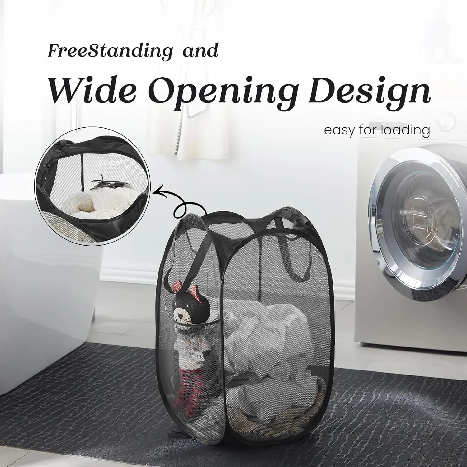 Upgraded 105L Collapsible Mesh Pop Up Laundry Hamper with Sturdy Handles and Side Pocket - Portable Foldable Clothes Baskets for Dorm, Bathroom & Travel Storage (Black Plus，2 Packs)