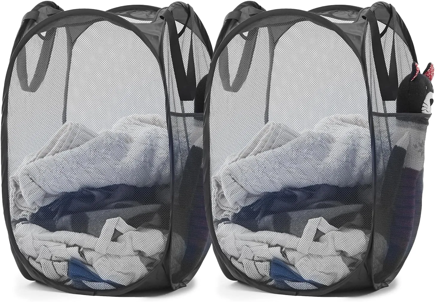 Upgraded 105L Collapsible Mesh Pop Up Laundry Hamper with Sturdy Handles and Side Pocket - Portable Foldable Clothes Baskets for Dorm, Bathroom & Travel Storage (Black Plus，2 Packs)