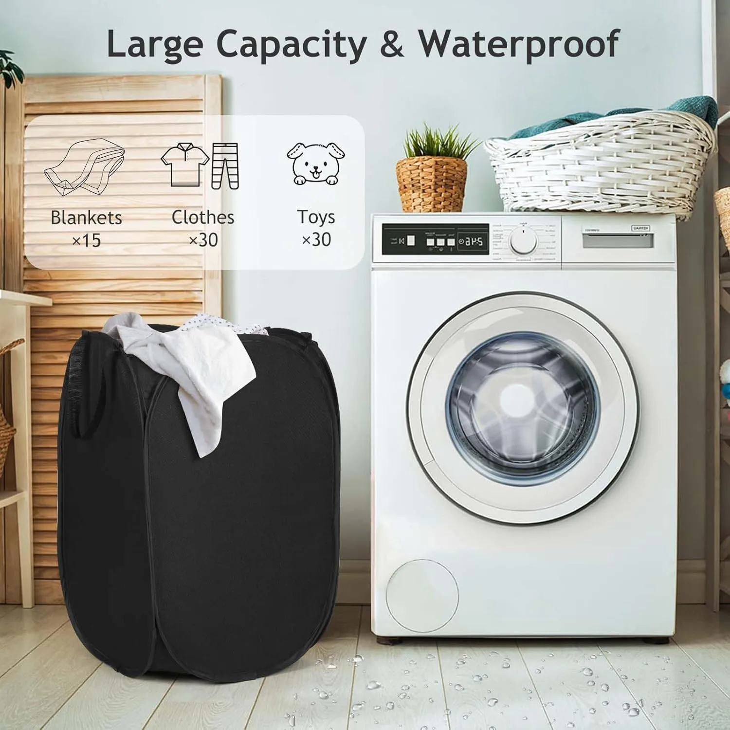 Upgraded Oxford Pop-up Laundry Hamper 2 Pack, 70L(18.5 Gal) Laundry Basket with Durable Handles Solid Bottom High Carbon Steel Frame and Side Pocket, Easy to Open and Fold Flat for Storage