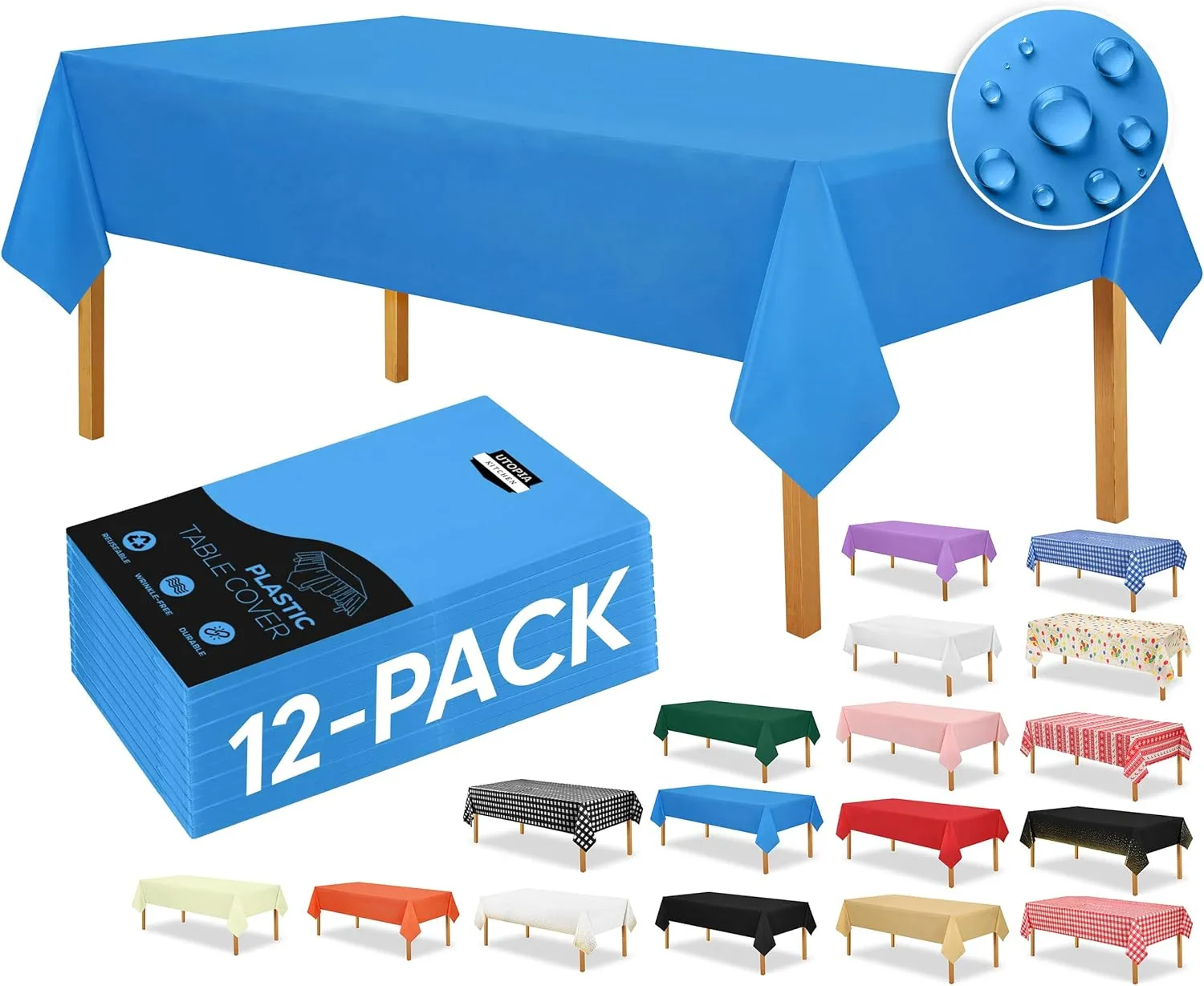 Utopia Kitchen Plastic Table Cloth Disposable (12 Pack - 54x108 Inch) Blue Rectangle Tablecloth Waterproof Stain Resistant Party Table Cover