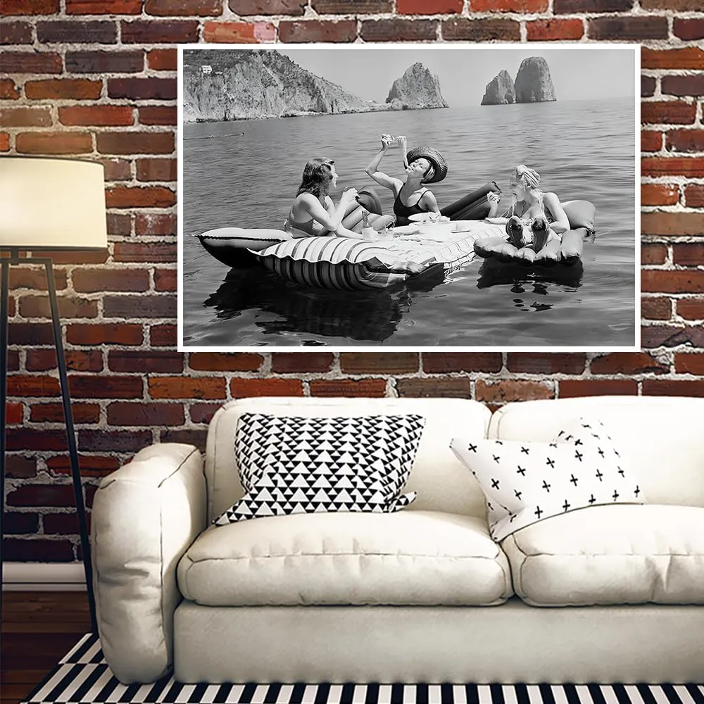 UYMHUKZ Women Eating Pasta on Lake Black and White Art Vintage Wall Art Funny Art Pasta Picnic on Lake Picnic on Lake 24X36in Unframed