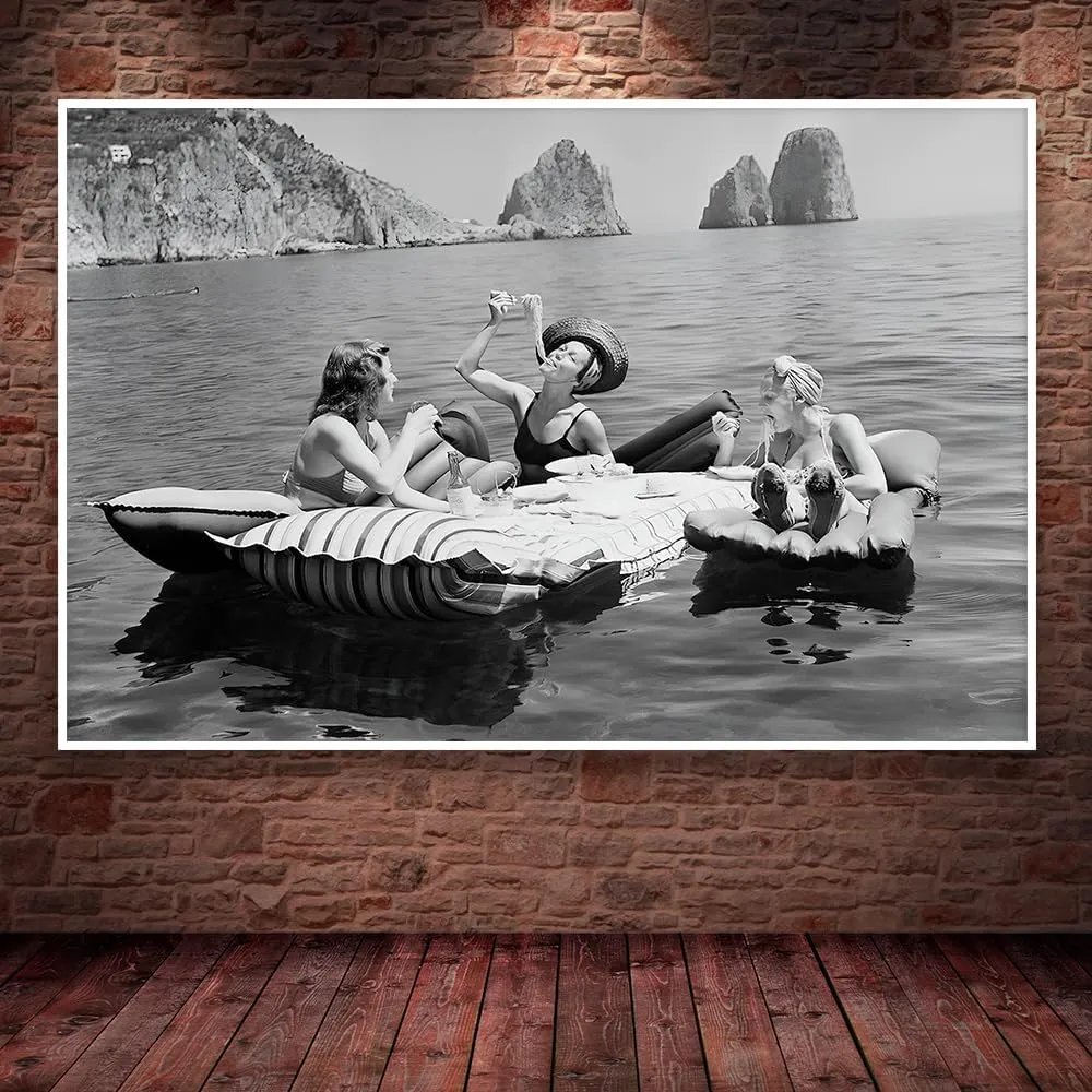 UYMHUKZ Women Eating Pasta on Lake Black and White Art Vintage Wall Art Funny Art Pasta Picnic on Lake Picnic on Lake 24X36in Unframed