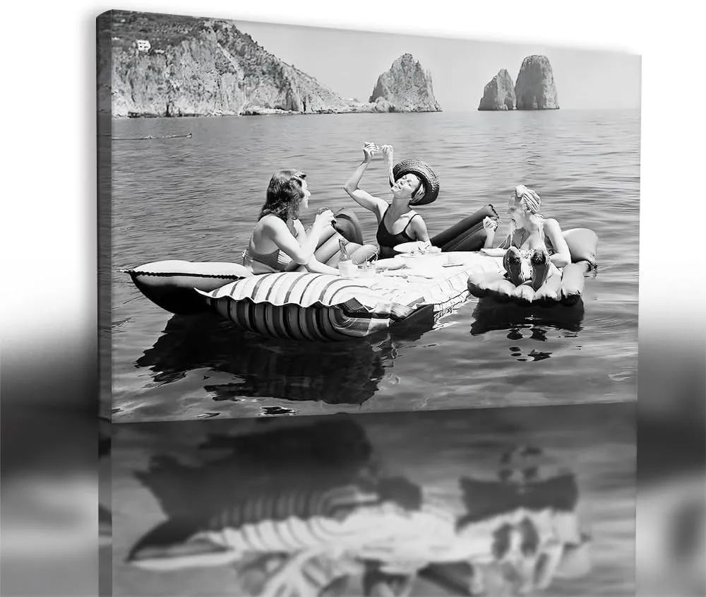 UYMHUKZ Women Eating Pasta on Lake Black and White Art Vintage Wall Art Funny Art Pasta Picnic on Lake Picnic on Lake 24X36in Unframed